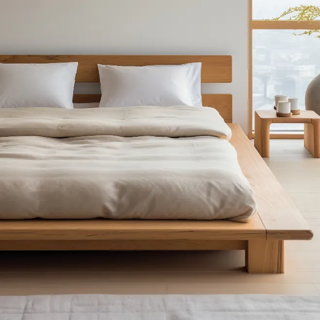 Low wooden platform bed frame with beige bedding